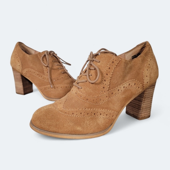 Steve Madden Women's Tan Suede Oxford Heels Size 6.5 Wood Block - Picture 13 of 13